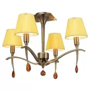 Siena Semi Flush Round 4 Light E14, Antique Brass With Amber Cream Shades And Amber Crystal