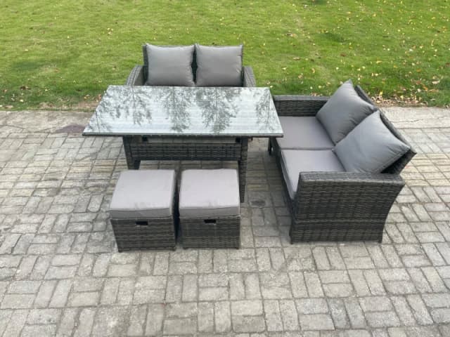 Fimous 6 Seater PE Wicker Rattan Garden Furniture Set Love Sofa Outdoor Rectangular Dining Table 2 Small Footstools Dark Grey Mixed Dark Grey Unisex