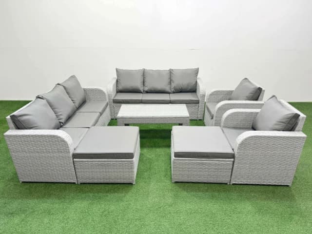 Fimous PE Rattan High Back Lounge Sofa Set Patio Oblong Coffee Table & Chairs Set with 3 Seater Sofa Reclining Chair 2 Big Footstool Light Grey Light