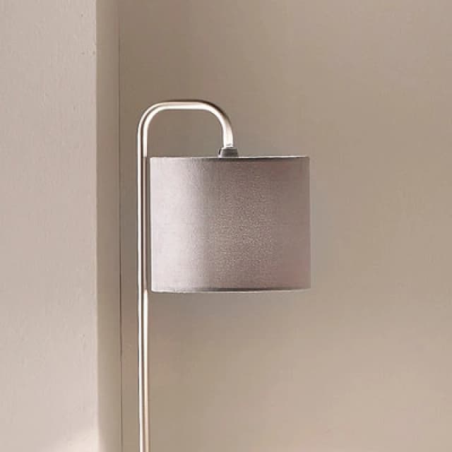 K Living Table Lamp In Satin Nickel Finishes Complete With A Velour Grey Lamp Shade
