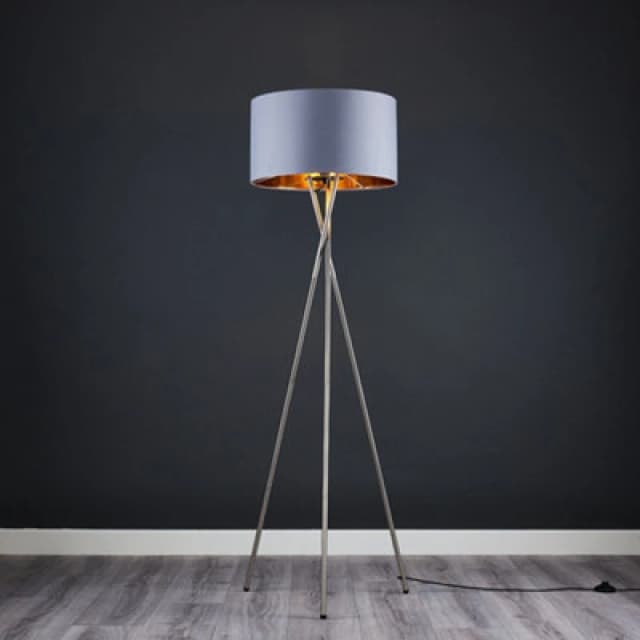 ValueLights ValueLights Camden Grey & Metal Shade & Brushed Chrome Tripod Floor Lamp with Bulb in Metallic Gold Metallic Gold One Size Unisex 50557599