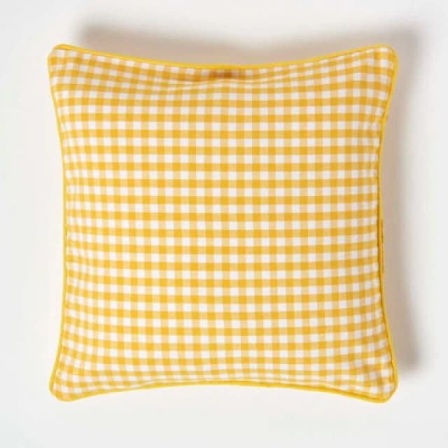 Homescapes Cotton Gingham Check Yellow Cushion Cover, 45 X 45 Cm