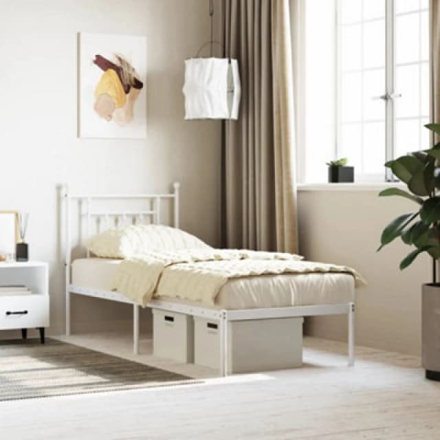 Vidaxl Metal Bed Frame With Headboard White 75X190 Cm, White 353576