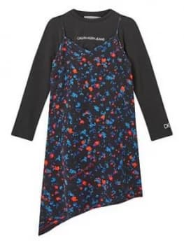 Calvin Klein Jeans Girls 2 In 1 Asymetric Print Dress