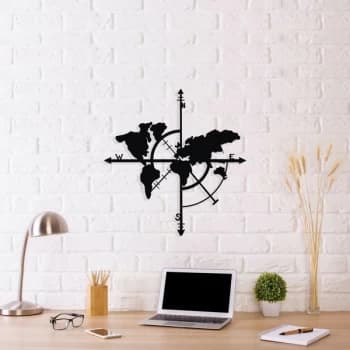Compass World Map Black Decorative Metal Wall Accessory
