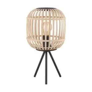 Table Lamp Desk Light Black Tripod & Round Wood Cage Shade 1 x 28W E27 Bulb