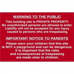 Scan Building Site Warning To Public and Parents Sign 600mm 400mm Standard