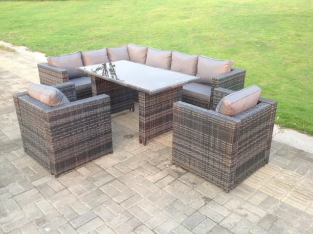 Fimous Dark Grey Outdoor Lounge Rattan Corner Sofa Set Garden Furniture Rectangular Dining Table Chair Dark Grey