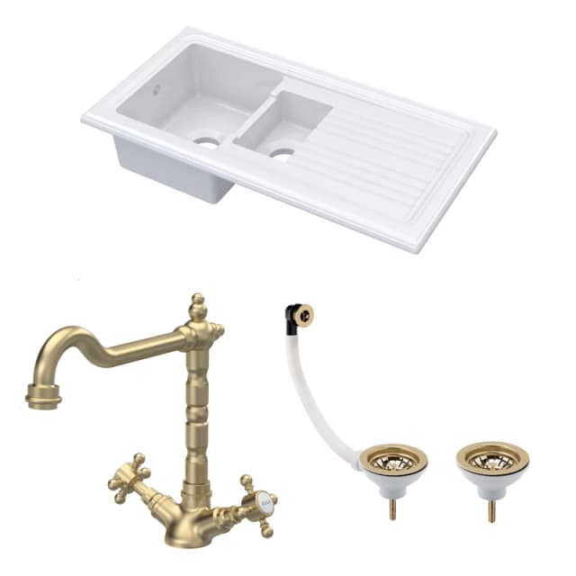 Balterley Fireclay 1.5 Bowl Sink Drainer Waste Tap Brushed Brass 1010mm White unisex