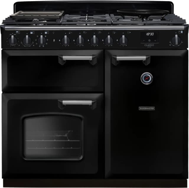 Rangemaster Classic Deluxe 100 Dual Fuel CLDL100DFPGBL/CM1 100cm wide Dual Fuel Range Cooker with Gas Hob - Black / Chrome - A/A Rated