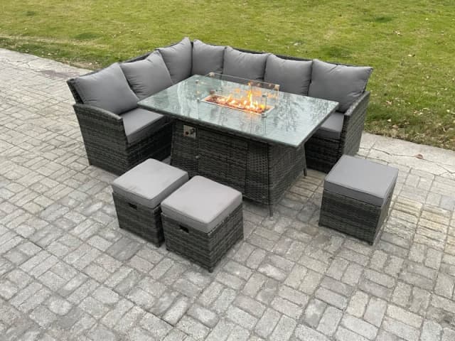 Fimous Rattan Garden Furniture High Back Corner Sofa Gas Fire Pit Dining Table Sets Gas Heater with 3 Small Footstools 9 Seater Dark Grey