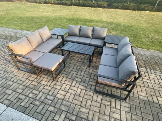 Fimous Aluminium 10 Seater Outdoor Garden Furniture Set Lounge Sofa Oblong Coffee Table Big Footstool Side Table Sets with Cushions Dark Grey Dark Gre