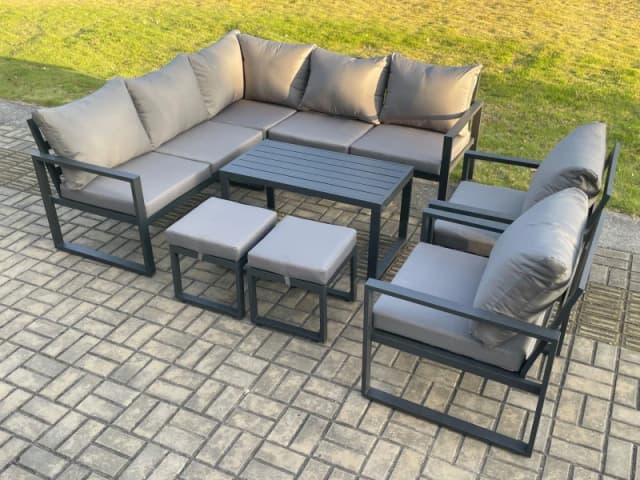 Fimous 9 Seater Aluminium Outdoor Garden Furniture Set Patio Lounge Sofa with Oblong Coffee Table 2 Small Footstools Dark Grey Dark Grey Unisex