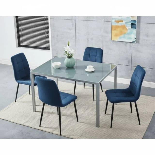 KOSY KOALA Modern Grey Glass Dining Table Set with 4 blue velvet Chairs Size: 120cm x 70cm Grey Unisex 120cm x 70 cm
