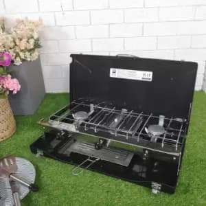 Portable Gas Dual Double 2 Burner Camping Stove & Grill with Toast Rack