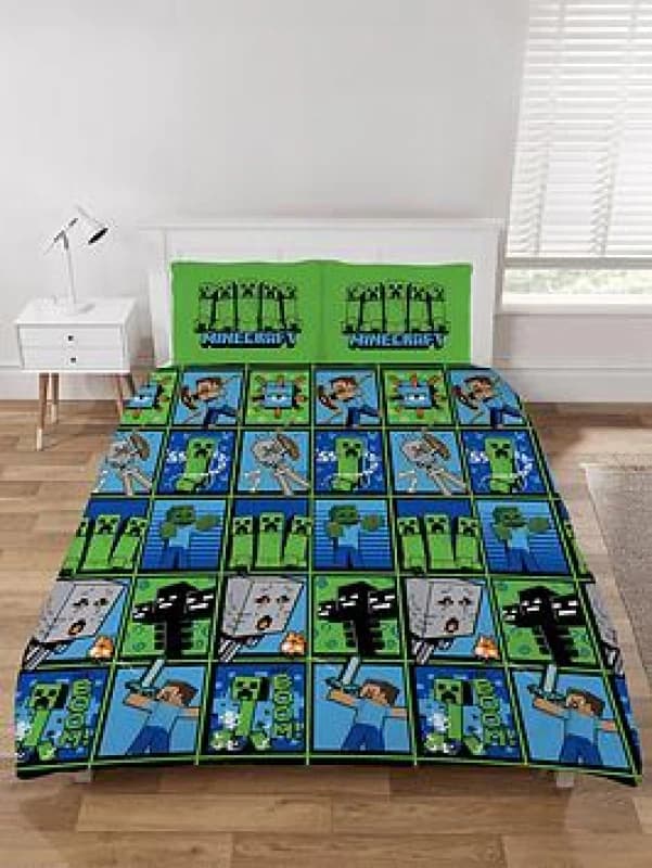 Minecraft Duvet Cover Set Double Creeper Design Bedding Set With Pillowcase Blue Green