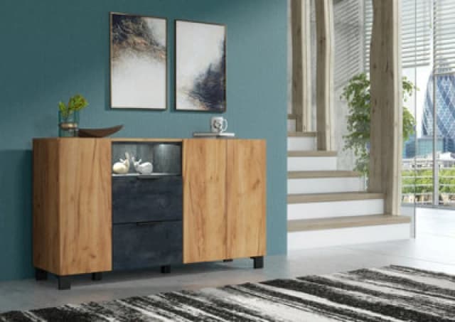 Furneo Sideboard Oak & Black Concrete Effect Cabinet Cupboard Unit White LED Lights Enzo 06