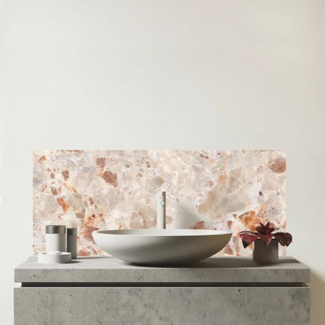 Warren Reed - Designer Polished Sweet Peach Quartz Effect Glass Bathroom Splashback in Teal Teal Unisex