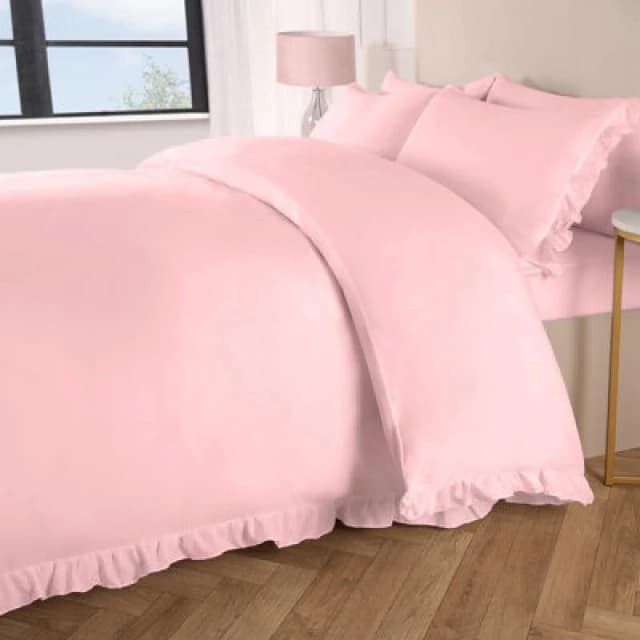 OHS OHS Frill Edge Decor Duvet Cover with Pillowcase Bedding Set in Pink Size: Double Pink Double Unisex 5027434204625
