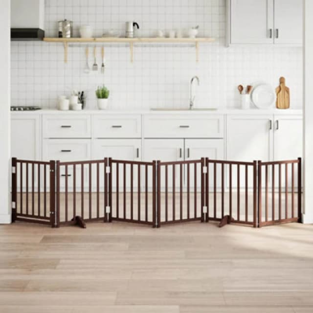 Vidaxl Dog Gate With Door Foldable 6 Panels Brown Oak 300 Cm Solid Wood Fir