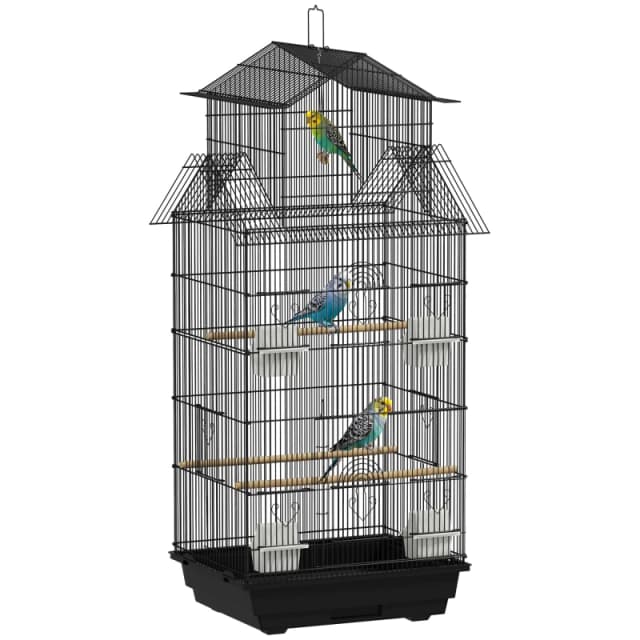 PawHut Metal Bird Cage w/ Perch, Food Container, Handle, for Finch, Canary, Black D10-062V03BK