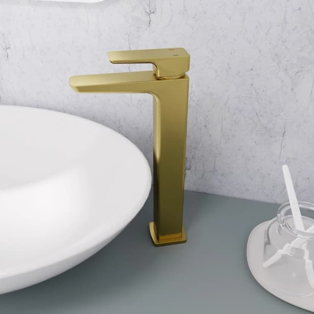 Nes Home Modern Brushed Brass Countertop Tall Square Basin Mono Mixer Tap in Gold Gold Unisex