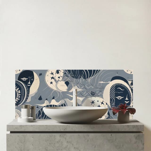 Warren Reed - Designer Abstract Moon & Stars Glass Bathroom Splashback in Grey Grey Unisex
