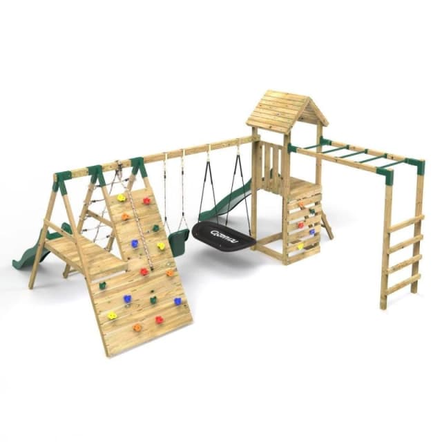 Rebo Wooden Climbing Frame with Swing, Climbing Wall, Monkey Bars and Two Slides - Cairngorm Green Green