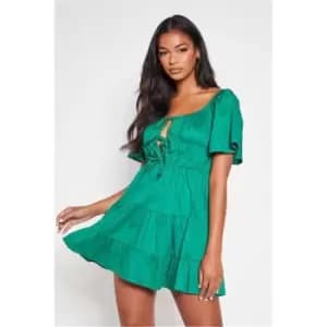 I Saw It First Cotton Poplin Milkmaid Sleeve Tie Front Tiered Skater Dress - Green