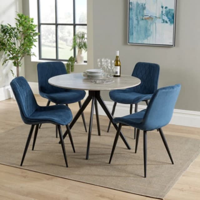 Core Products Aspen Grey Oak Effect 100Cm Round Dining Table With 4 Blue Cord Fabric Diamond Stitch Design Chairs