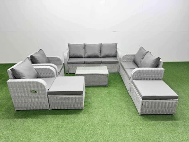 Fimous PE Rattan Garden Furniture Set Adjustable Chair Sofa Double Love Seat 2 Seater Sofa Lounge Set Oblong Coffee Table 2 Big Footstool Light Grey L