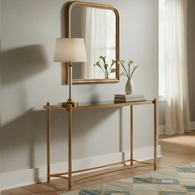 Premier Housewares Modern And Sleek Black Console Table, Spacious Glass Topped Console Table For Hallways, Decorative Table Gold
