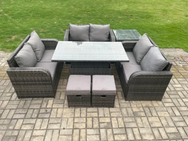 Fimous Rattan Garden Outdoor Furniture 3 PC Love Sofa Set Patio Adjustable Rising lifting Dining Table With Side Table 2 Small Footstools Dark Grey