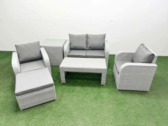 Fimous Light Grey PE Wicker Rattan Garden Furniture Set Sofa Set Reclining Adjustable Chair Oblong Coffee Table 5 Seater With Footstool Side Table Lig