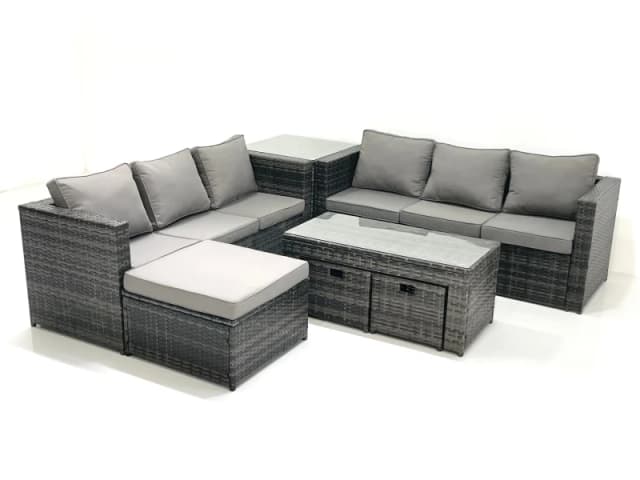 Fimous Garden Outdoor Rattan Furniture Set with Sofa Coffee table 3 Footstools Side Table Dark Grey Mixed Dark Grey