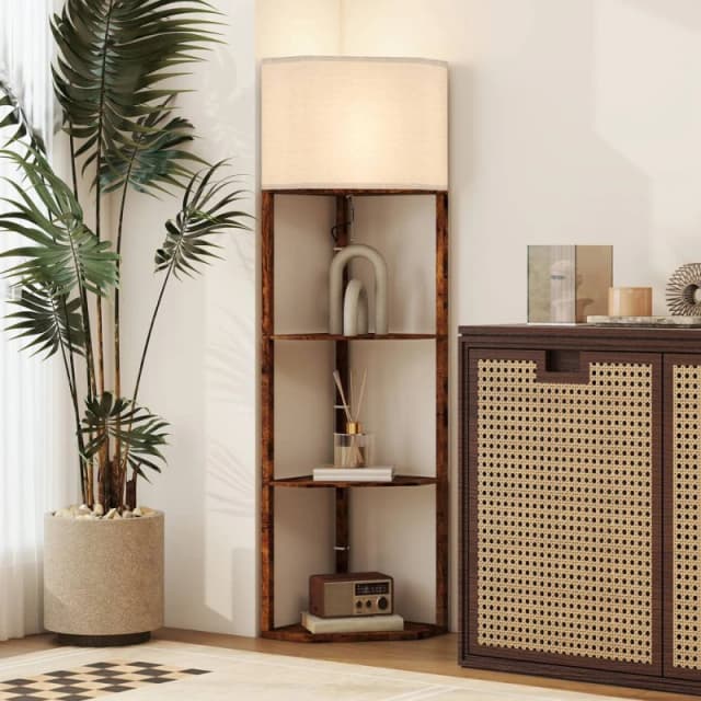 HOMCOM Corner Modern Floor Lamp with Shelves for Living Room, Rustic Brown Brown Unisex