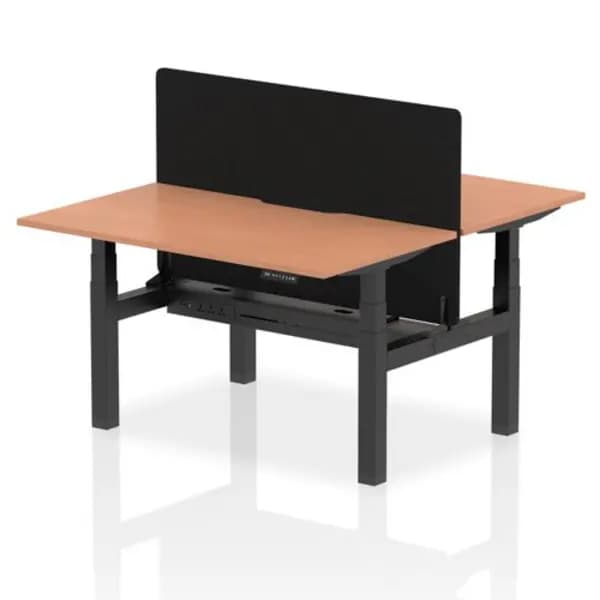 Air Air Back-to-Back 1400 x 800mm Height Adjustable 2 Person Bench Desk Beech Top with Scalloped Edge Black Frame with Black Straight Screen HASSE2P1