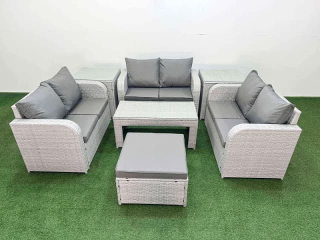 Fimous 7 Seater PE Wicker Rattan Furniture Sofa Sets with Oblong Coffee Table 2 Seater Love Sofa Big Footstool 2 Side Table Light Grey Light Grey