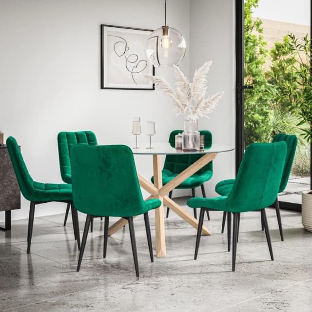 More4Homes Malvern Round Dining Table And Chairs - Clear Glass Table Top W Solid Oak Legs + Nova Velvet Dining Chair Set Of 6 (Green)