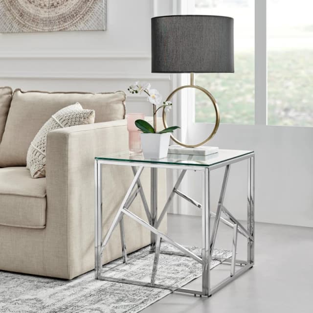 FurnitureboxUK FurnitureboxUK Amalfi Chrome Metal Side Table - Square Clear Glass & Metal Table - Abstract Pattern - Sleek, Chic, Bright & Airy in Sil