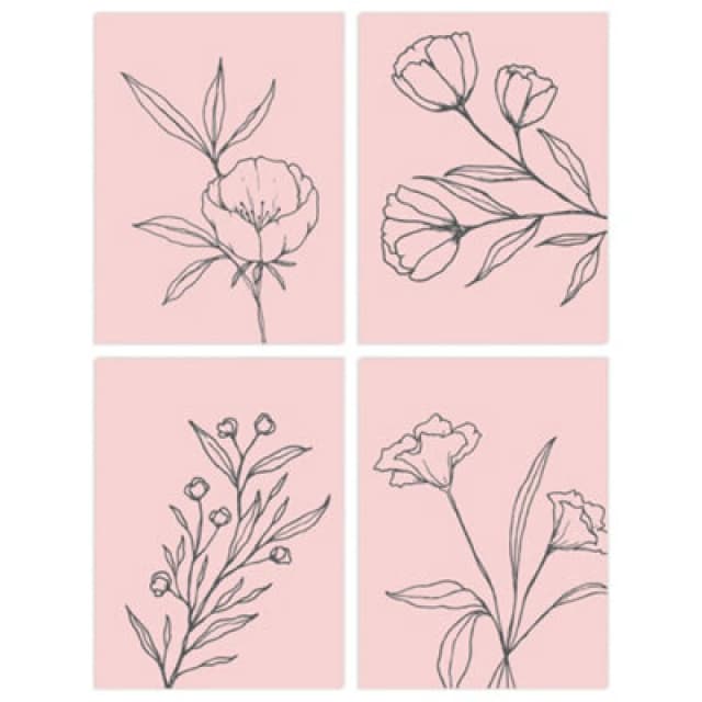 Wee Blue Coo Wall Art Print Set Of 4 Minimalist Wildflower Outline Black On Pastel Pink Simple Floral Wall Art