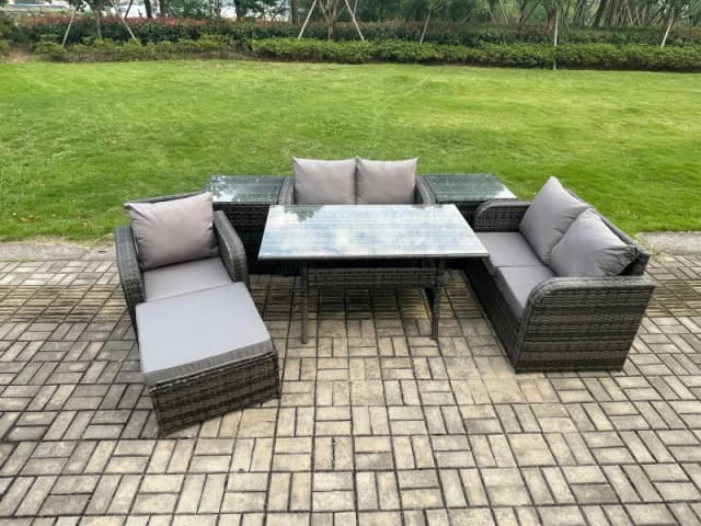 Fimous Lounge Rattan Sofa Set Outdoor Garden Furniture Oblong Rectangular Dining Table With Chairs 2 Side Tables Big Footstool in Dark Grey Dark Grey