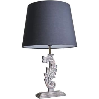 Distressed White Floral Design Table Lamp with Large Tapered Shade - Black