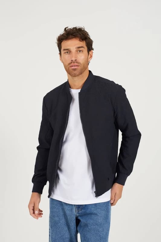 Brave Soul Brave Soul Men Seersucker Bomber Jacket in Navy Size: Medium Navy M Male 5063487141487
