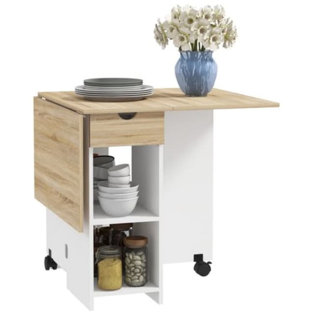 HOMCOM Foldable Dining Table, Drop Leaf Table with Storage for Kitchen Light Oak