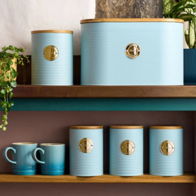 Cooks Professional 5Pc Tea, Coffee, Sugar, Biscuit & Bread Ribbed Canister Kitchen Storage Set With Bamboo Lids - Blue & Gold