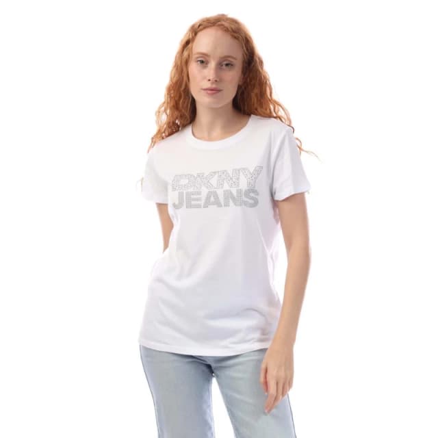 DKNY RHINESTUD Logo T-Shirt White Silver female XS