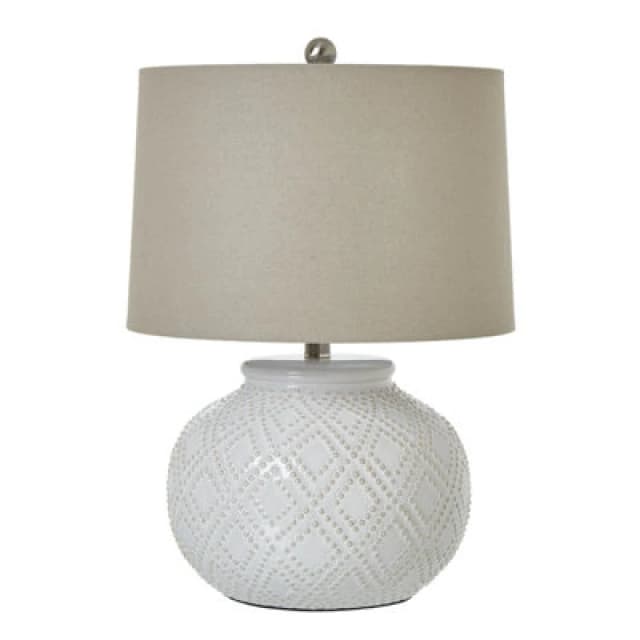 Hill Interiors Squat White Beaded Ceramic Lamp With Linen Shade