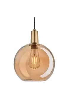 Sleek Tinted Glass Globe Pendant, 9 Inch, Amber, Brass Holder