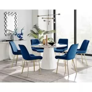 Furniture Box Palma White Marble Effect Round Dining Table and 6 Navy Pesaro Gold Leg Chairs